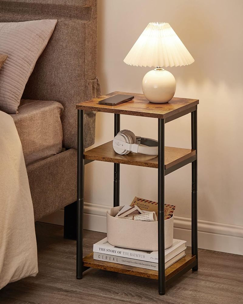 3 Tier Side Table with Storage Shelves, Tall End Table for Living Room, Bedroom, Office and Bathroom Rustic Brown and Ink Black LET273B01 - with | Sold by Uncle Wiener's Wholesale