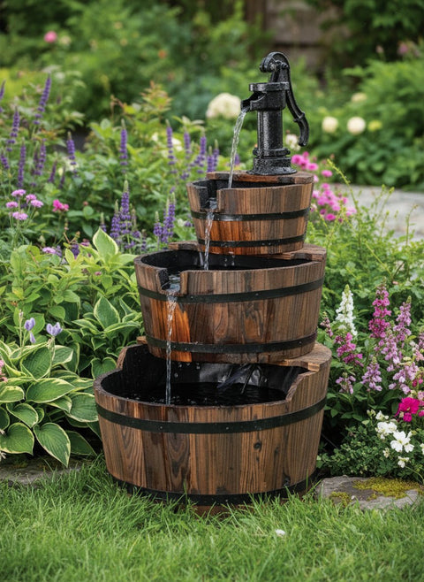3 Tier Wooden Barrel Water Fountain with Pump – Rustic Outdoor Garden Feature WWF51 - with | Sold by Uncle Wiener's Wholesale