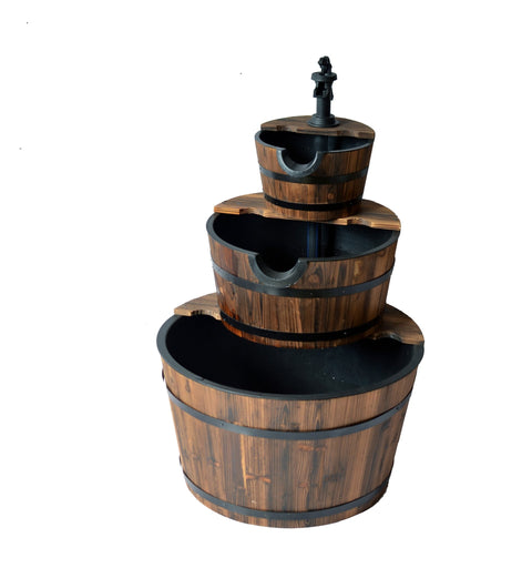 3 Tier Wooden Barrel Water Fountain with Pump – Rustic Outdoor Garden Feature WWF51 - with | Sold by Uncle Wiener's Wholesale