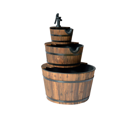 3 Tier Wooden Barrel Water Fountain with Pump – Rustic Outdoor Garden Feature WWF51 - with | Sold by Uncle Wiener's Wholesale