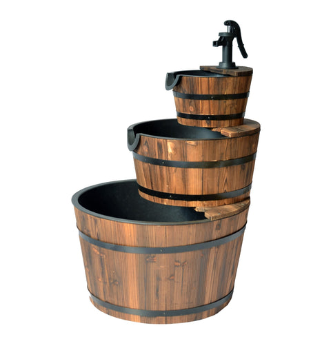 3 Tier Wooden Barrel Water Fountain with Pump – Rustic Outdoor Garden Feature WWF51 - with | Sold by Uncle Wiener's Wholesale