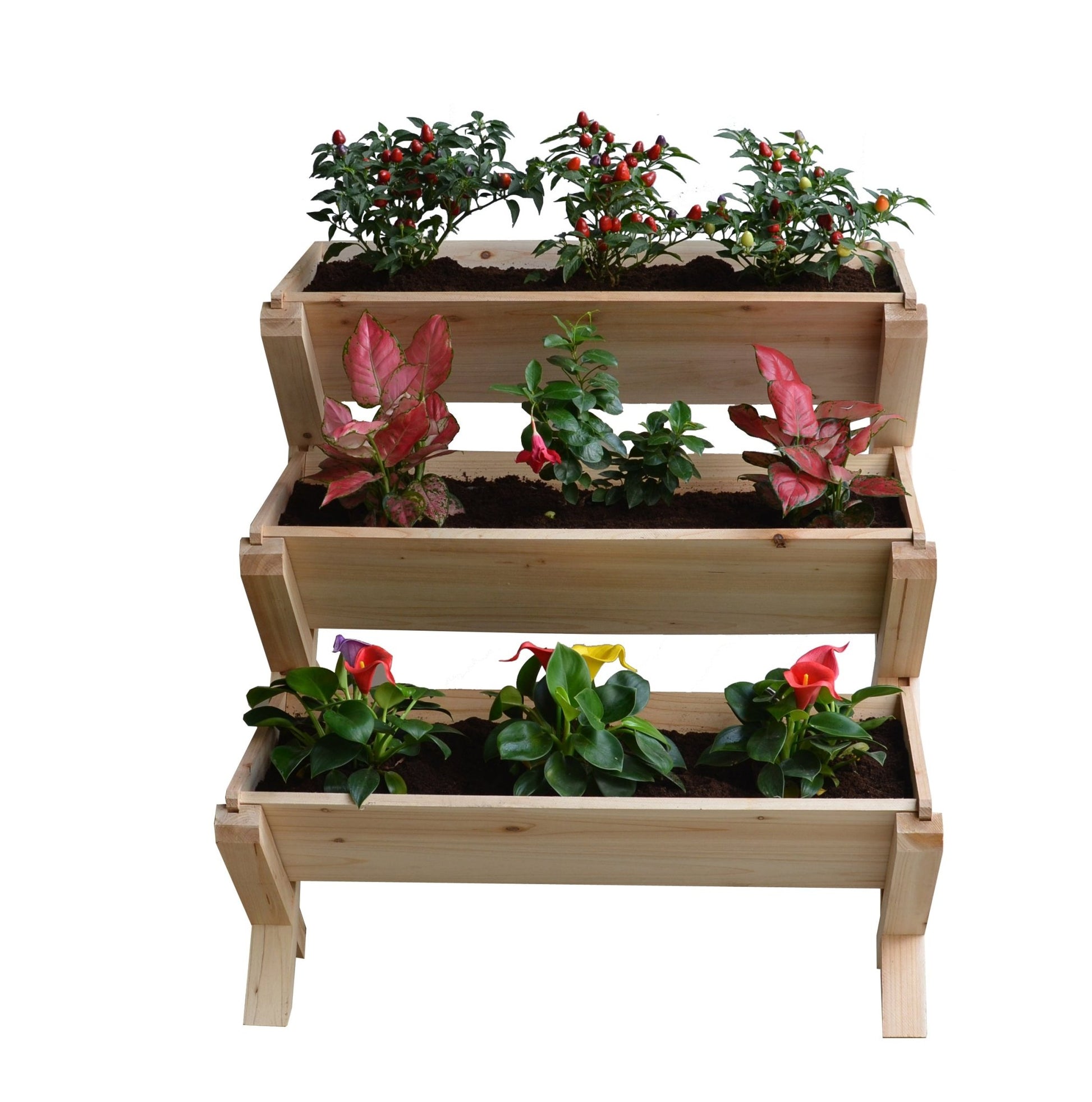 3 - Tier Wooden Raised Garden Planter Box – Cascading Vertical Bed for Herbs, Flowers & Vegetables | SKU: RGT210 - with | Sold by Uncle Wiener's Wholesale