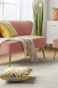 Fuchsia velvet loveseat with tufted back and gold legs in modern decor.
Ivory armless loveseat sofa with mid-century design in studio setup.
Tan velvet 2-seater with flared gold legs styled against a neutral wall.
Close-up of plush velvet texture and fluted backrest detail.
Color swatches displaying Fuchsia, Pink, Ivory, and Tan options.