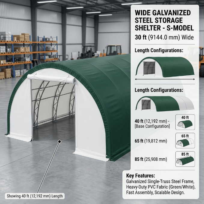 30 Ft Wide Galvanized Steel Storage Shelter – S Model Single Truss Building for Industrial & Farm Use - Farm Equipment with 30X40X15 10.5 OZ PE | Sold by Uncle Wiener's Wholesale