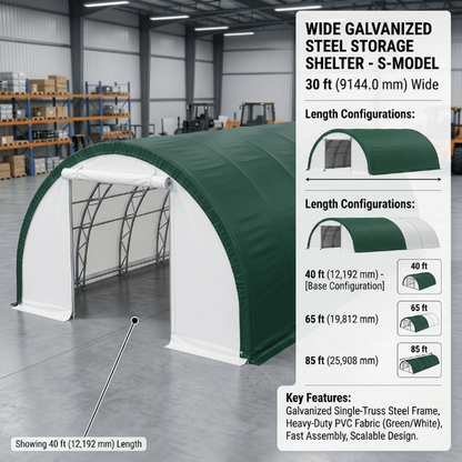 30 Ft Wide Galvanized Steel Storage Shelter – S Model Single Truss Building for Industrial & Farm Use - Farm Equipment with 30X40X15 10.5 OZ PE | Sold by Uncle Wiener's Wholesale