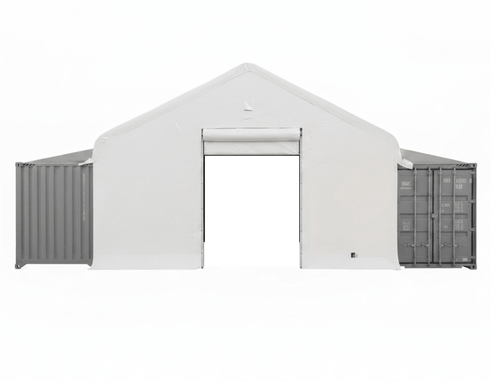 30 ft x 39.5 ft Peak Style Fabric Container Storage Building with 14.5 oz PVC Cover, Winch Doors, Single or Double Truss Options - with 30 ft x 39.5 ft Double Truss Peak Style | Sold by Uncle Wiener's Wholesale