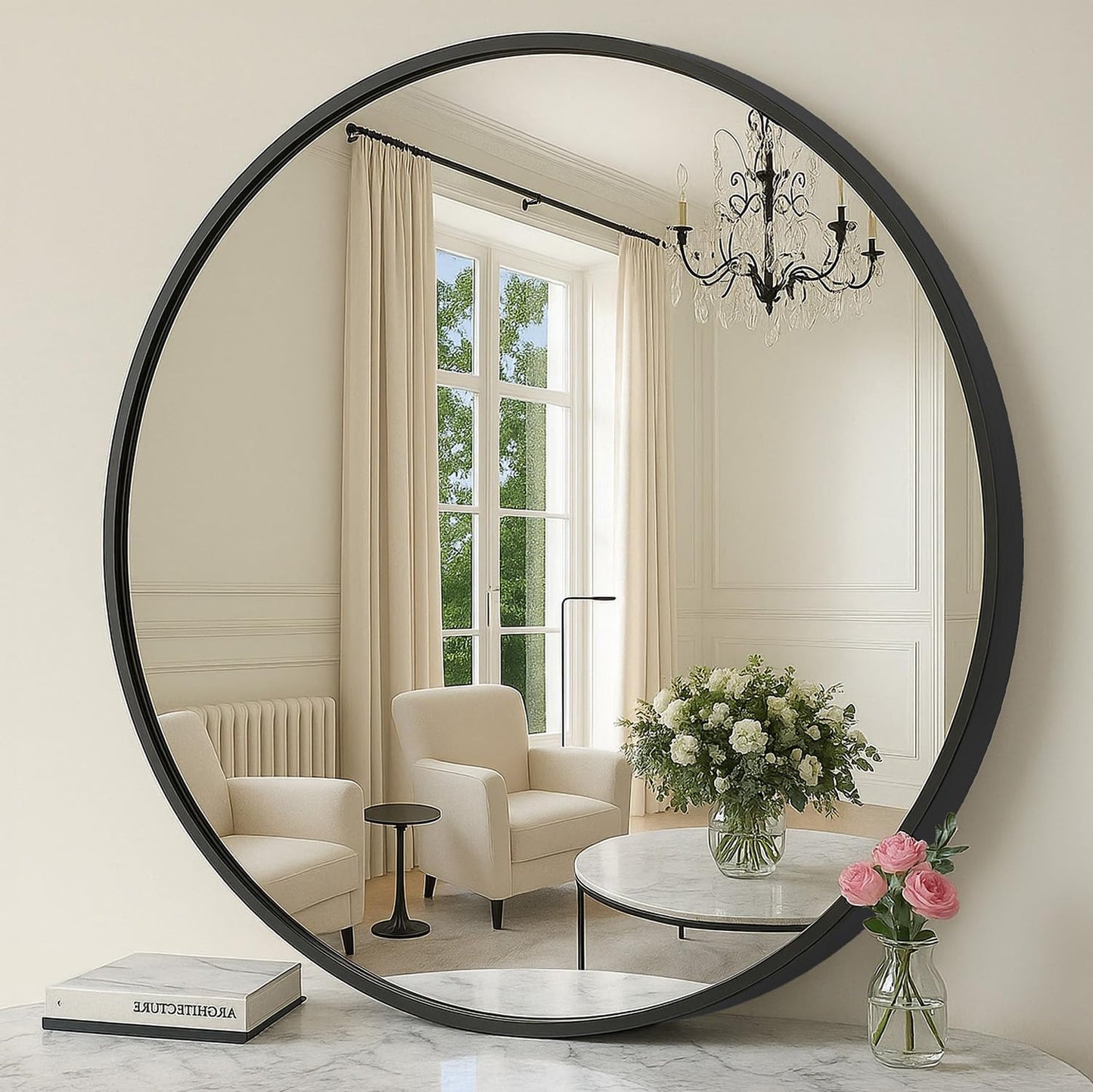 30 Inch Round Wall Mirror with Metal Frame, Bathroom Vanity Mirror, Decorative Circle Mirror for Entryway, Bedroom, Living Room and Hallway Ink Black LWM103B01 - with | Sold by Uncle Wiener's Wholesale