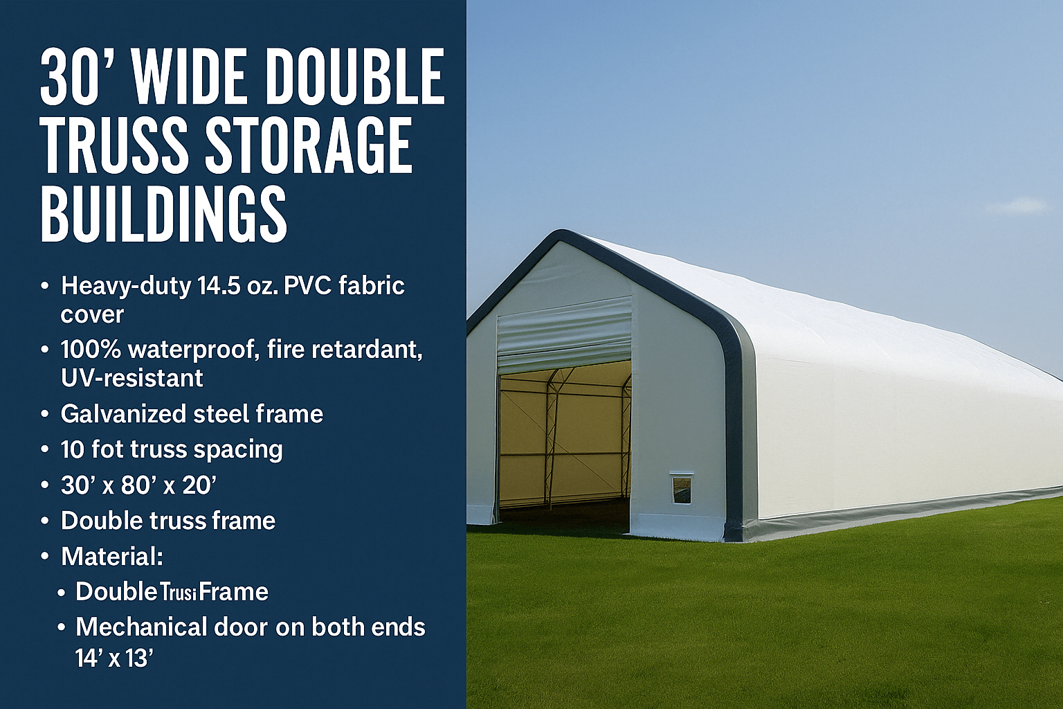 30′ Wide Double Truss Storage Buildings – Heavy - Duty PVC Fabric Shelters - Portable Storage Shelter with Standard 30X80X20 | Sold by Uncle Wiener's Wholesale