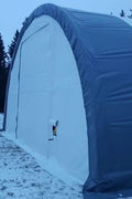Side profile of assembled portable shelter in snow condition