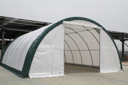 Front entry view of galvanized steel storage shelter