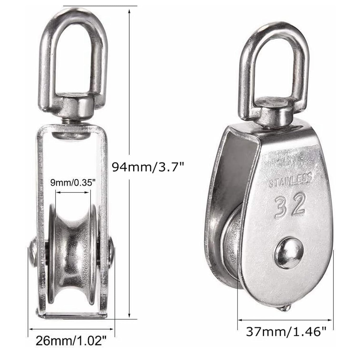 304 Stainless Steel Single Pulley Block Sets for Wire Rope, Hanging, Towing, Light Lifting & Utility Rigging - with 6-Piece M32 | Sold by Uncle Wiener's Wholesale