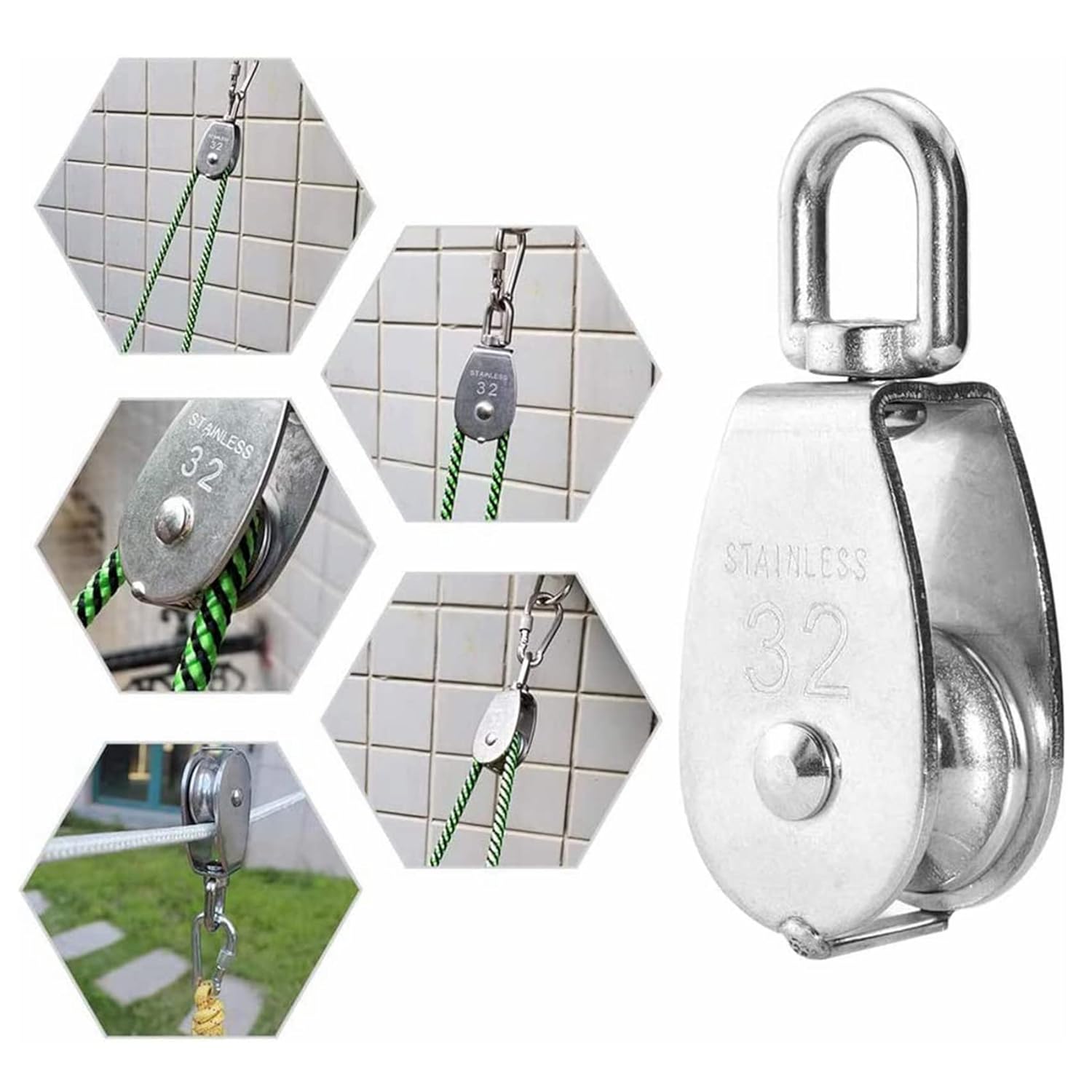 304 Stainless Steel Single Pulley Block Sets for Wire Rope, Hanging, Towing, Light Lifting & Utility Rigging - with 6-Piece M32 | Sold by Uncle Wiener's Wholesale