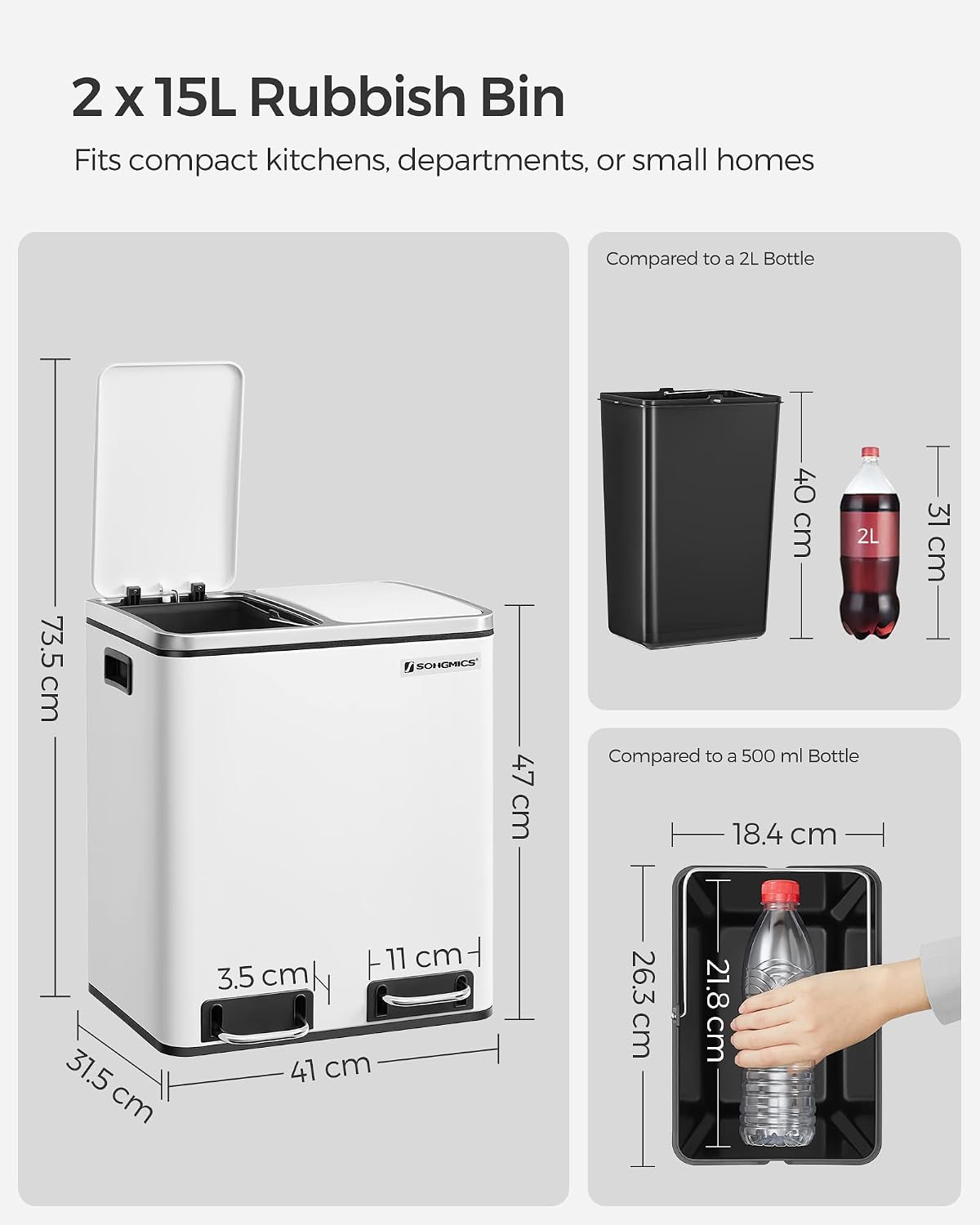 30L Dual Compartment Kitchen Trash Can with Soft Close Lid, Recycling Waste Bin with Removable Inner Buckets and Pedal Operation Cloud White and Ink Black - with White | Sold by Uncle Wiener's Wholesale