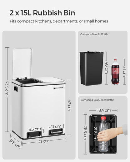 30L Dual Compartment Kitchen Trash Can with Soft Close Lid, Recycling Waste Bin with Removable Inner Buckets and Pedal Operation Cloud White and Ink Black - with White | Sold by Uncle Wiener's Wholesale