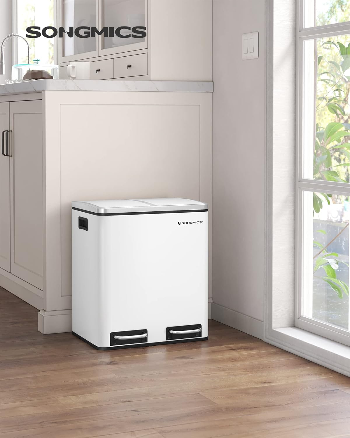 30L Dual Compartment Kitchen Trash Can with Soft Close Lid, Recycling Waste Bin with Removable Inner Buckets and Pedal Operation Cloud White and Ink Black - with White | Sold by Uncle Wiener's Wholesale