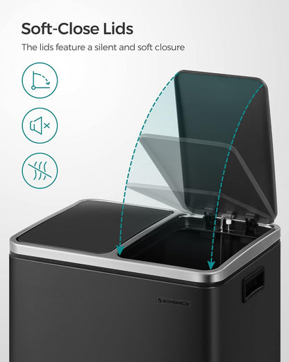 30L Dual Compartment Kitchen Trash Can with Soft Close Lid, Recycling Waste Bin with Removable Inner Buckets and Pedal Operation Cloud White and Ink Black - with Black | Sold by Uncle Wiener's Wholesale