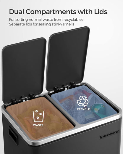30L Dual Compartment Kitchen Trash Can with Soft Close Lid, Recycling Waste Bin with Removable Inner Buckets and Pedal Operation Cloud White and Ink Black - with Black | Sold by Uncle Wiener's Wholesale
