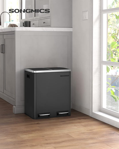 30L Dual Compartment Kitchen Trash Can with Soft Close Lid, Recycling Waste Bin with Removable Inner Buckets and Pedal Operation Cloud White and Ink Black - with Black | Sold by Uncle Wiener's Wholesale