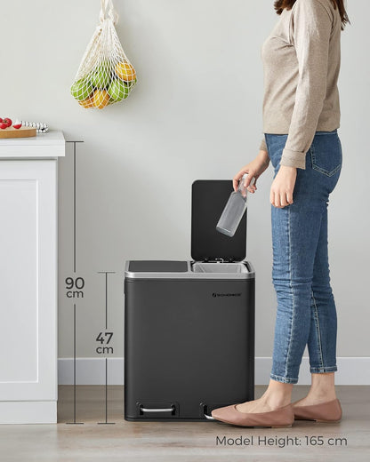30L Dual Compartment Kitchen Trash Can with Soft Close Lid, Recycling Waste Bin with Removable Inner Buckets and Pedal Operation Cloud White and Ink Black - with Black | Sold by Uncle Wiener's Wholesale