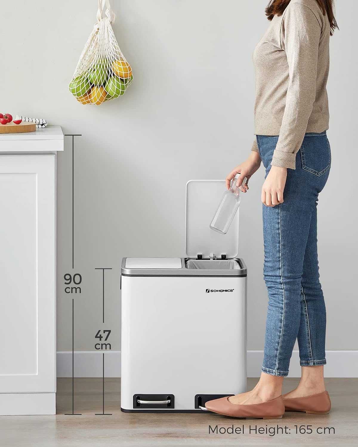 30L Dual Compartment Kitchen Trash Can with Soft Close Lid, Recycling Waste Bin with Removable Inner Buckets and Pedal Operation Cloud White and Ink Black - with White | Sold by Uncle Wiener's Wholesale