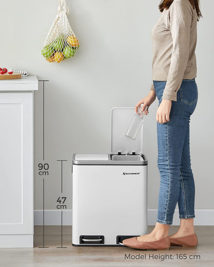 30L Dual Compartment Kitchen Trash Can with Soft Close Lid, Recycling Waste Bin with Removable Inner Buckets and Pedal Operation Cloud White and Ink Black - with White | Sold by Uncle Wiener's Wholesale