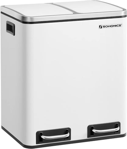 30L Dual Compartment Kitchen Trash Can with Soft Close Lid, Recycling Waste Bin with Removable Inner Buckets and Pedal Operation Cloud White and Ink Black - with White | Sold by Uncle Wiener's Wholesale