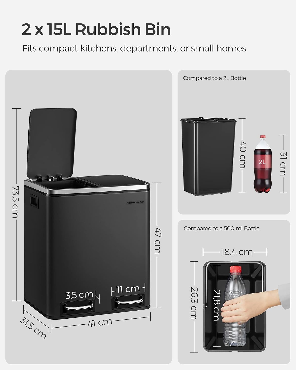 30L Dual Compartment Kitchen Trash Can with Soft Close Lid, Recycling Waste Bin with Removable Inner Buckets and Pedal Operation Cloud White and Ink Black - with Black | Sold by Uncle Wiener's Wholesale