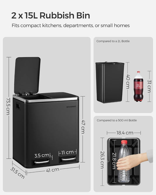 30L Dual Compartment Kitchen Trash Can with Soft Close Lid, Recycling Waste Bin with Removable Inner Buckets and Pedal Operation Cloud White and Ink Black - with Black | Sold by Uncle Wiener's Wholesale