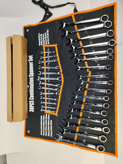 30pc Combination Wrench Set Metric SAE Chrome Vanadium Steel Roll Pouch W30PCS - with | Sold by Uncle Wiener's Wholesale