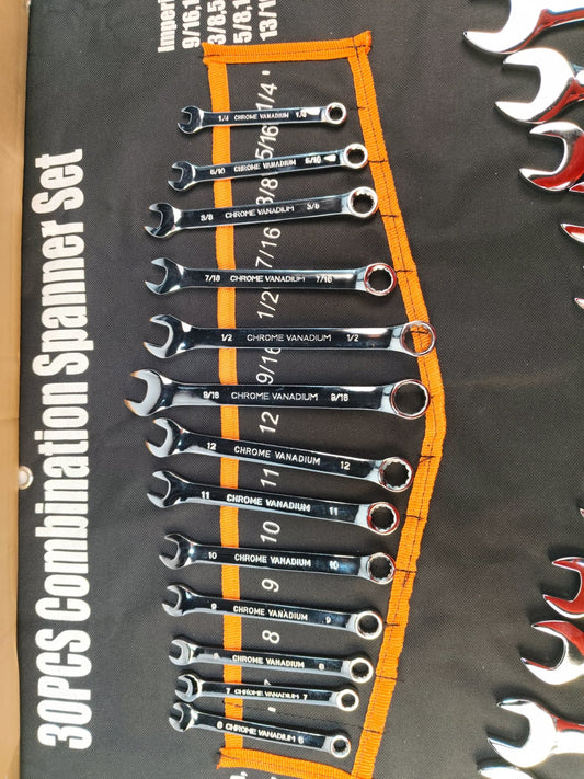 30pc Combination Wrench Set Metric SAE Chrome Vanadium Steel Roll Pouch W30PCS - with | Sold by Uncle Wiener's Wholesale