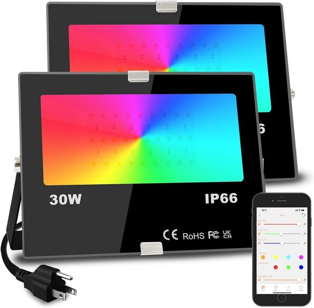 30W Smart RGBW LED Flood Lights – 2 Pack – 300W Equivalent, 3000 Lumens, Bluetooth App Control, 16 Million Colors, Music Sync, IP66 – 1284844 - with | Sold by Uncle Wiener's Wholesale