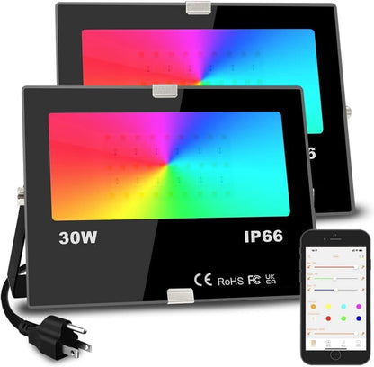 30W Smart RGBW LED Flood Lights – 2 Pack – 300W Equivalent, 3000 Lumens, Bluetooth App Control, 16 Million Colors, Music Sync, IP66 – 1284844 - with | Sold by Uncle Wiener's Wholesale