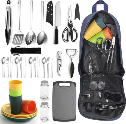 33 - Piece Camping Cooking Stainless Steel Utensils Set for Outdoor Cooking & Camp Kitchens BC023S - with | Sold by Uncle Wiener's Wholesale