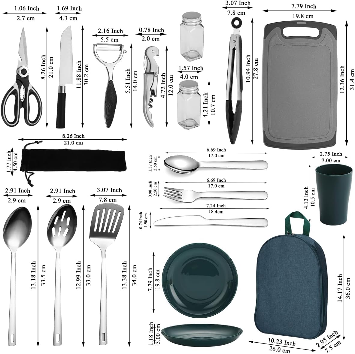 33 - Piece Camping Cooking Stainless Steel Utensils Set for Outdoor Cooking & Camp Kitchens BC023S - with | Sold by Uncle Wiener's Wholesale
