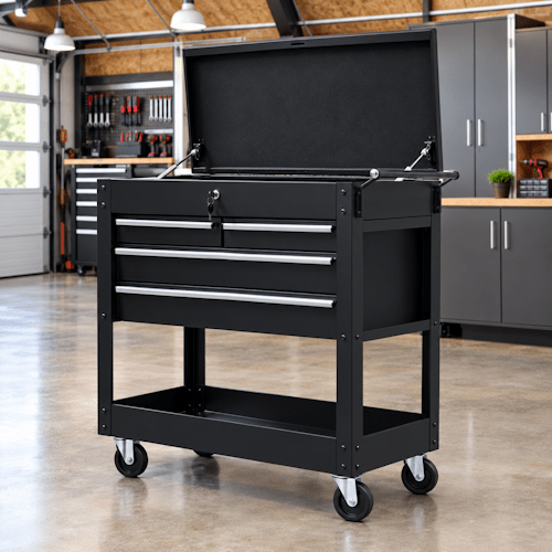 34" 4-Drawer Rolling Tool Cart with Locking Casters, Side Push Handle &amp; Powder-Coated Steel Cabinet for Garage, Shop &amp; Mechanics - with 34" 4-Drawer Rolling Tool Cart Black | Sold by Uncle Wiener's Wholesale