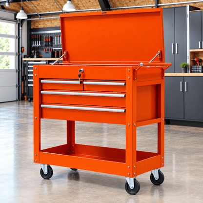 34" 4-Drawer Rolling Tool Cart with Locking Casters, Side Push Handle &amp; Powder-Coated Steel Cabinet for Garage, Shop &amp; Mechanics - with 34" 4-Drawer Rolling Tool Cart Orange | Sold by Uncle Wiener's Wholesale