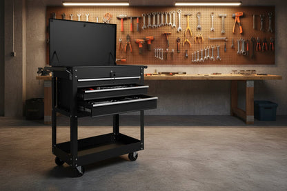 34 - Inch 3 Drawer Tool Service Cart – Heavy - Duty Steel Workshop Cart TC32BG1 - with Black | Sold by Uncle Wiener's Wholesale