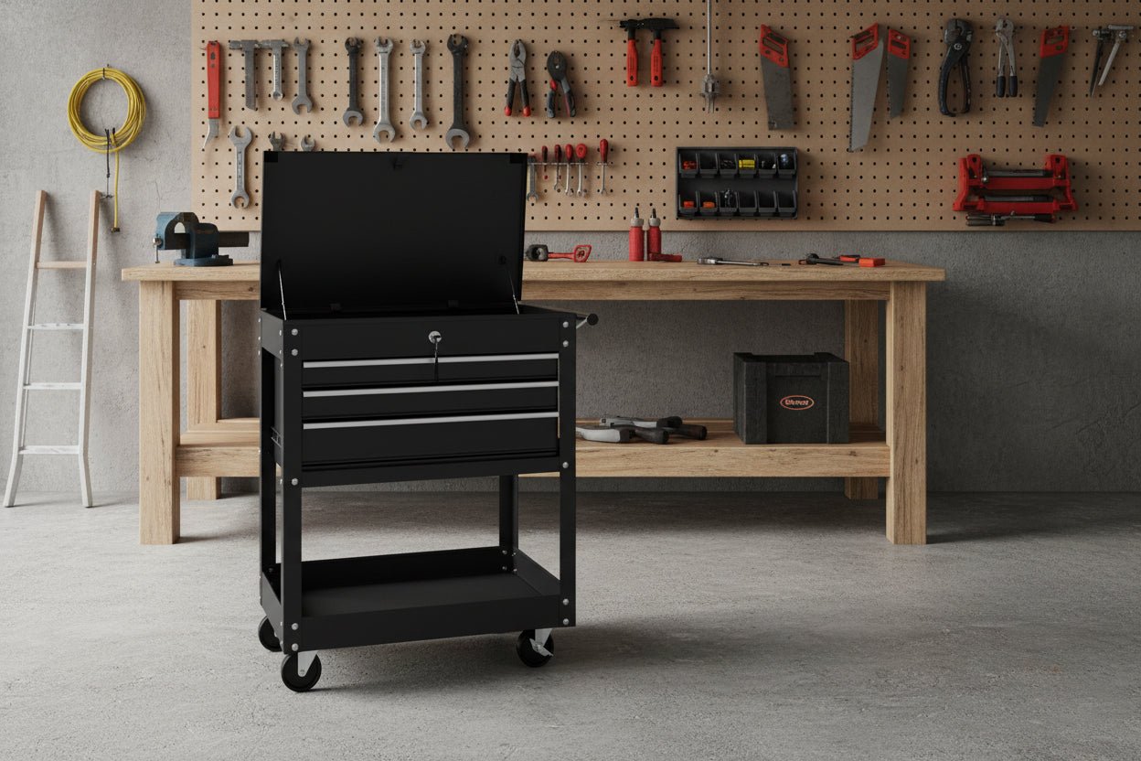 34 - Inch 3 Drawer Tool Service Cart – Heavy - Duty Steel Workshop Cart TC32BG1 - with Black | Sold by Uncle Wiener's Wholesale