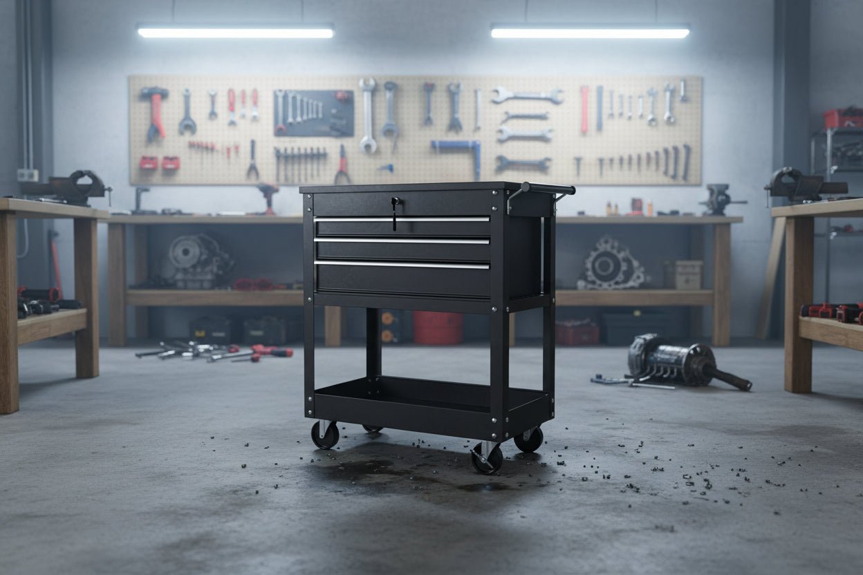 34 - Inch 3 Drawer Tool Service Cart – Heavy - Duty Steel Workshop Cart TC32BG1 - with Black | Sold by Uncle Wiener's Wholesale