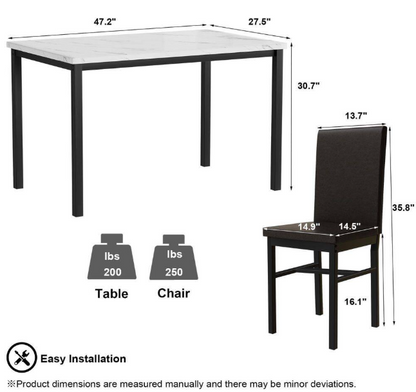 5-Piece Dining Table Set with Faux Marble Top and PU Leather Chairs – Space-Saving Kitchen Table for 4 – MH24619