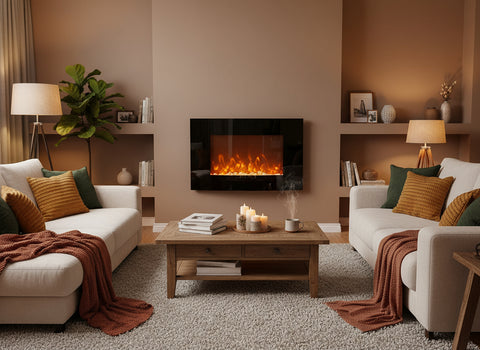 35" Curved Glass Electric Fireplace Heater – 1500W LED Wall - Mount with Remote | SKU: EF11A - Curved LED Electric Fireplace Heater with | Sold by Uncle Wiener's Wholesale