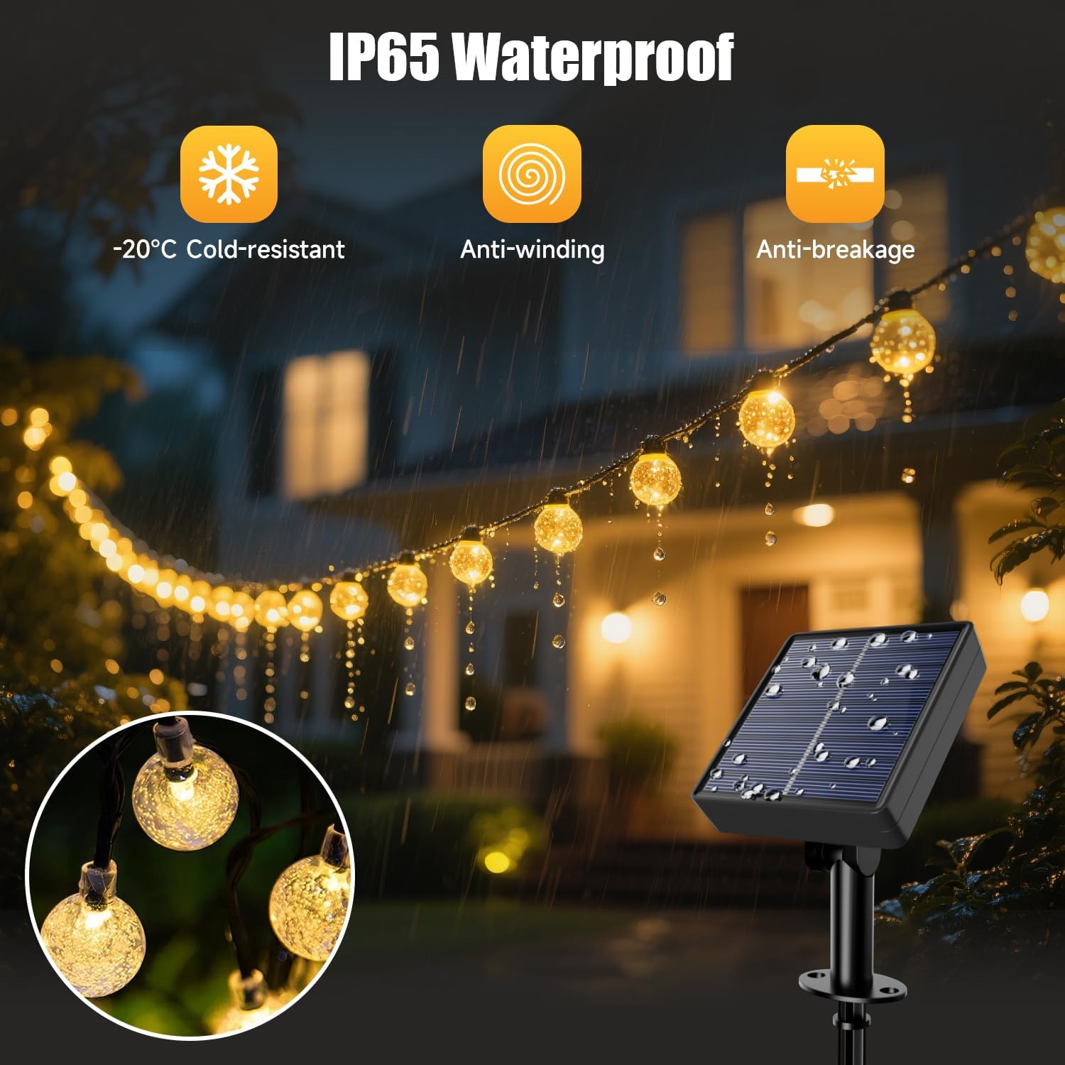 35 FT Solar Globe String Lights – 60 LED Outdoor Waterproof Patio & Garden Lights (Warm White / Bright White / RGB) - with RGB Color - Changing | Sold by Uncle Wiener's Wholesale