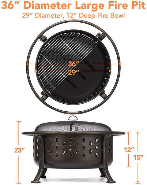 36" Outdoor Fire Pit & BBQ Grill – Rubbed Bronze Finish 10114FP - with | Sold by Uncle Wiener's Wholesale