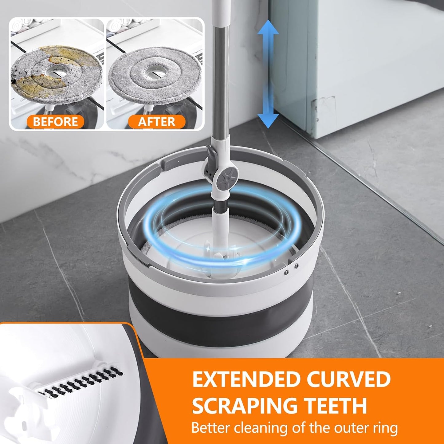 Folding Bucket Mop with 2 Microfiber Pads, Collapsible Pail &amp; Compact Floor Cleaning Mop Set S1365