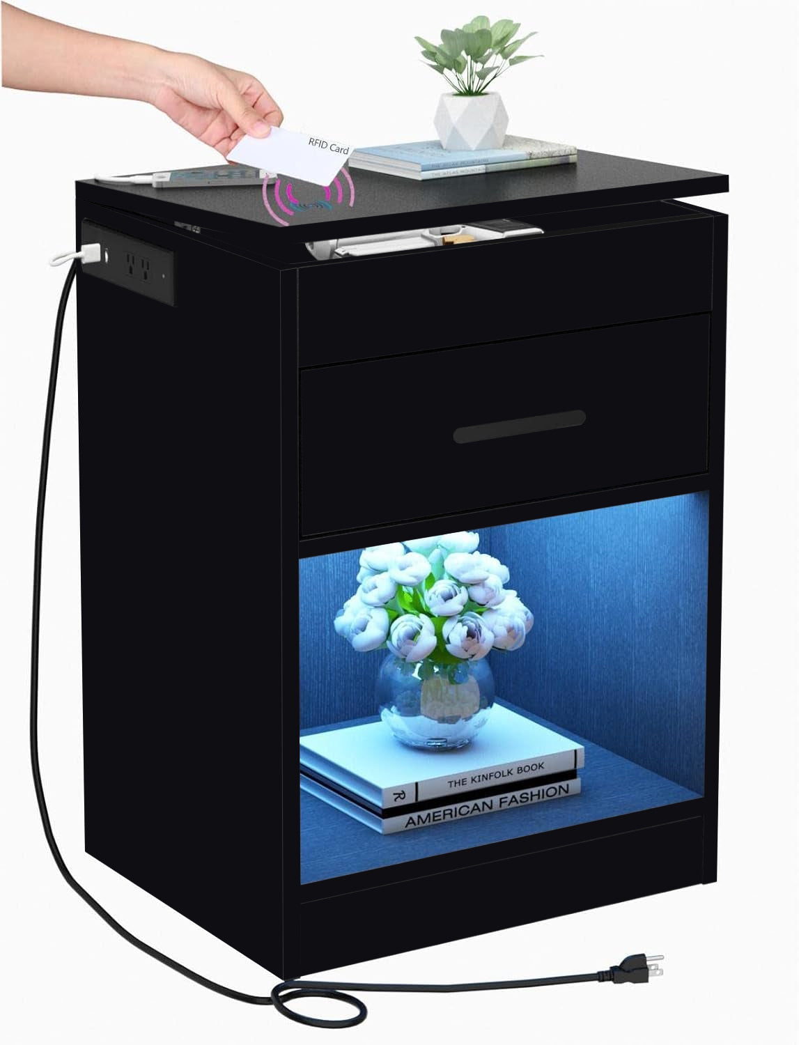 Smart Night Stand Bedside Table with Charging Station LED Lights and Lock White / Black BT034W