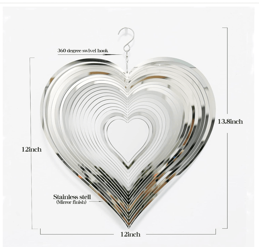 3D Stainless Steel Heart Wind Spinner – Silver Reflective Outdoor Garden Decoration - with 12" Colorful Heart Wind Spinner | Sold by Uncle Wiener's Wholesale
