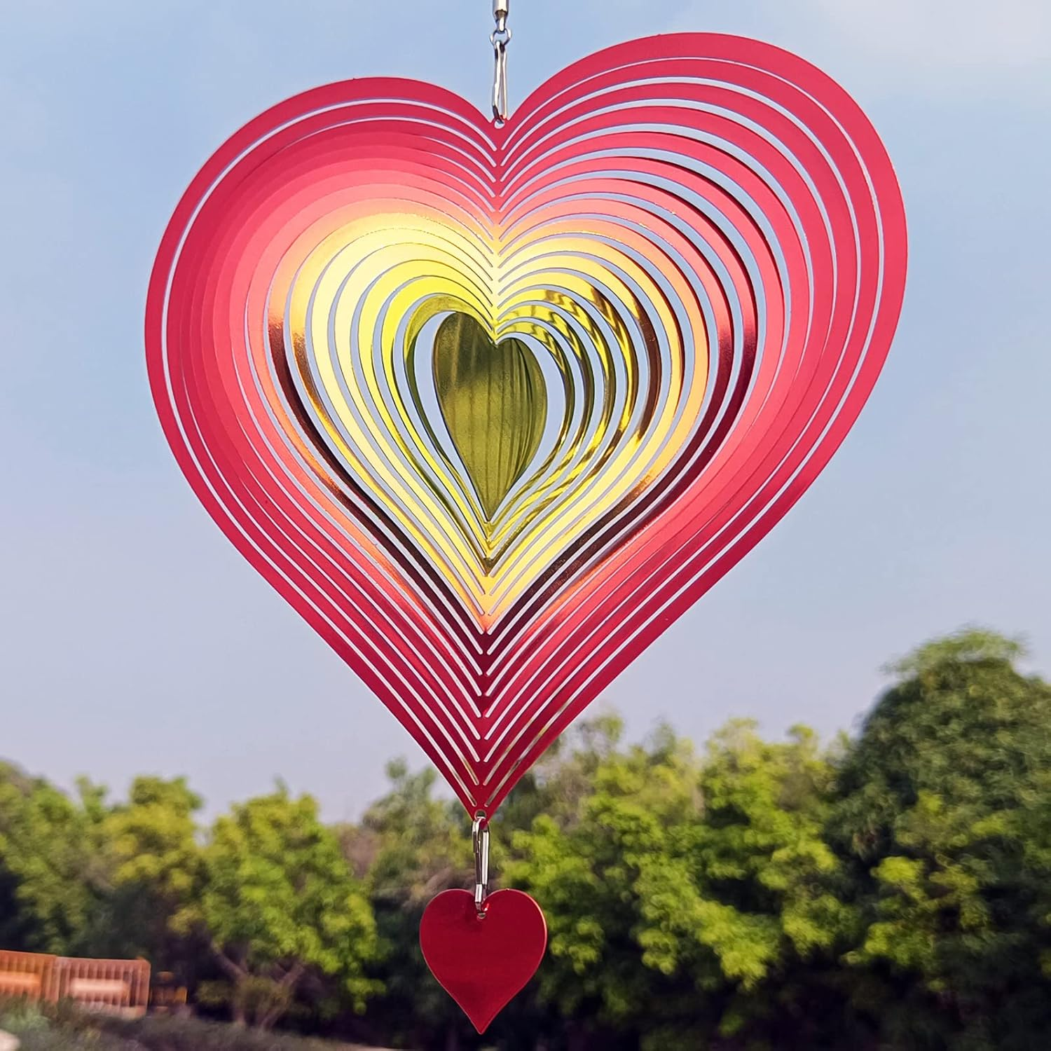 3D Stainless Steel Heart Wind Spinner – Silver Reflective Outdoor Garden Decoration - with 12" Colorful Heart Wind Spinner | Sold by Uncle Wiener's Wholesale