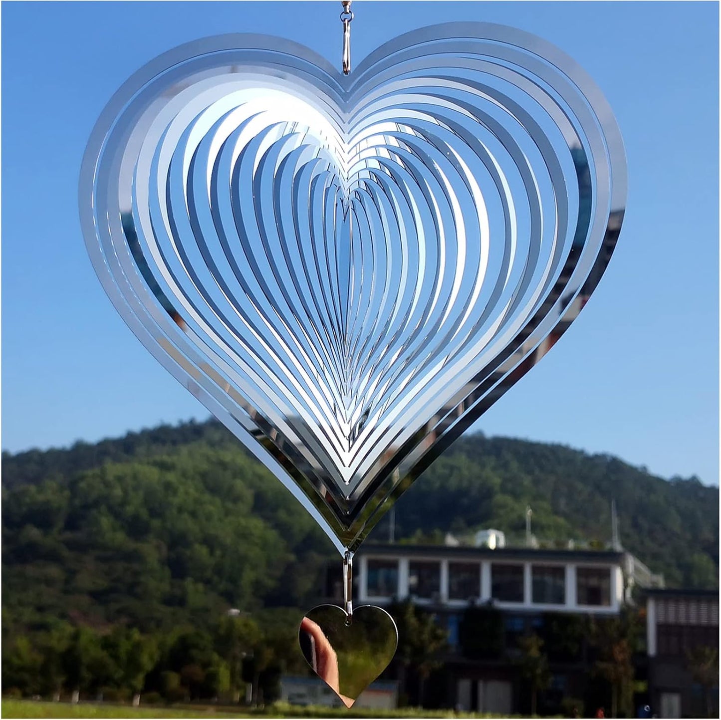 3D Stainless Steel Heart Wind Spinner – Silver Reflective Outdoor Garden Decoration - with 12" Stainless Steel Heart Wind Spinner | Sold by Uncle Wiener's Wholesale