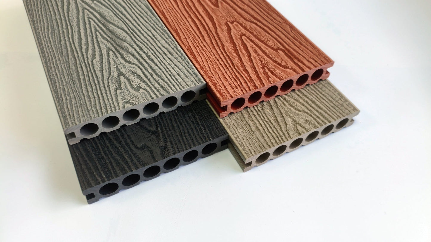 3D Wood Grain WPC Decking System 22 Sq ft Pack Boards Keel Edge Trim & Fasteners - with Edge Strips (Charcoal) | Sold by Uncle Wiener's Wholesale