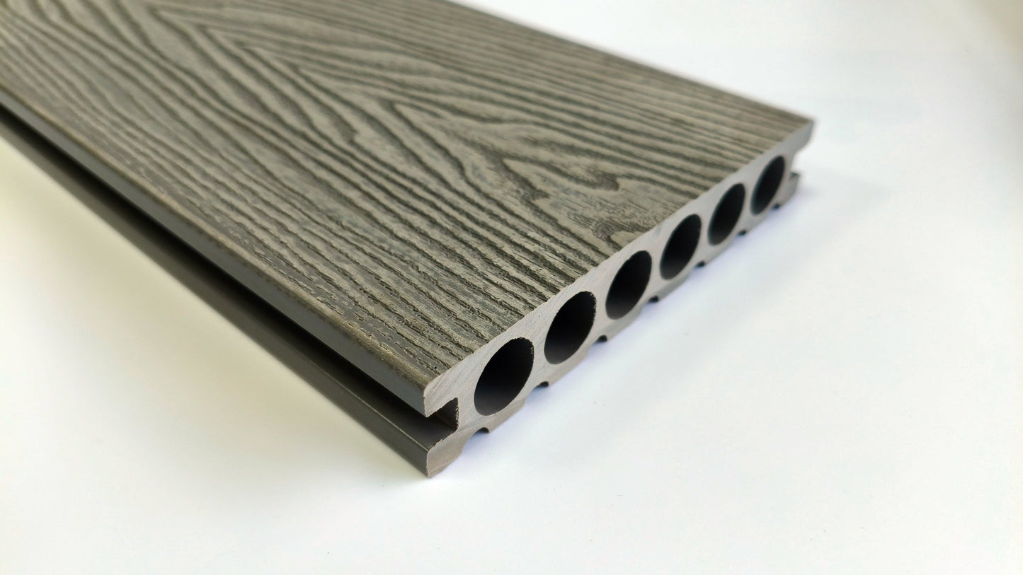 3D Wood Grain WPC Decking System 22 Sq ft Pack Boards Keel Edge Trim & Fasteners - with Edge Strips (Charcoal) | Sold by Uncle Wiener's Wholesale
